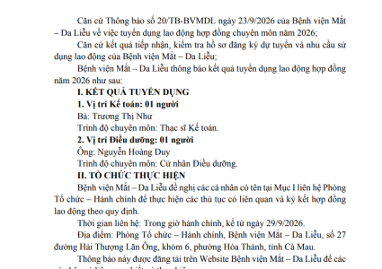 THÔNG BÁO Về kết quả tuyển dụng lao động hợp đồng chuyên môn tại Bệnh viện Mắt – Da Liễu năm 2026